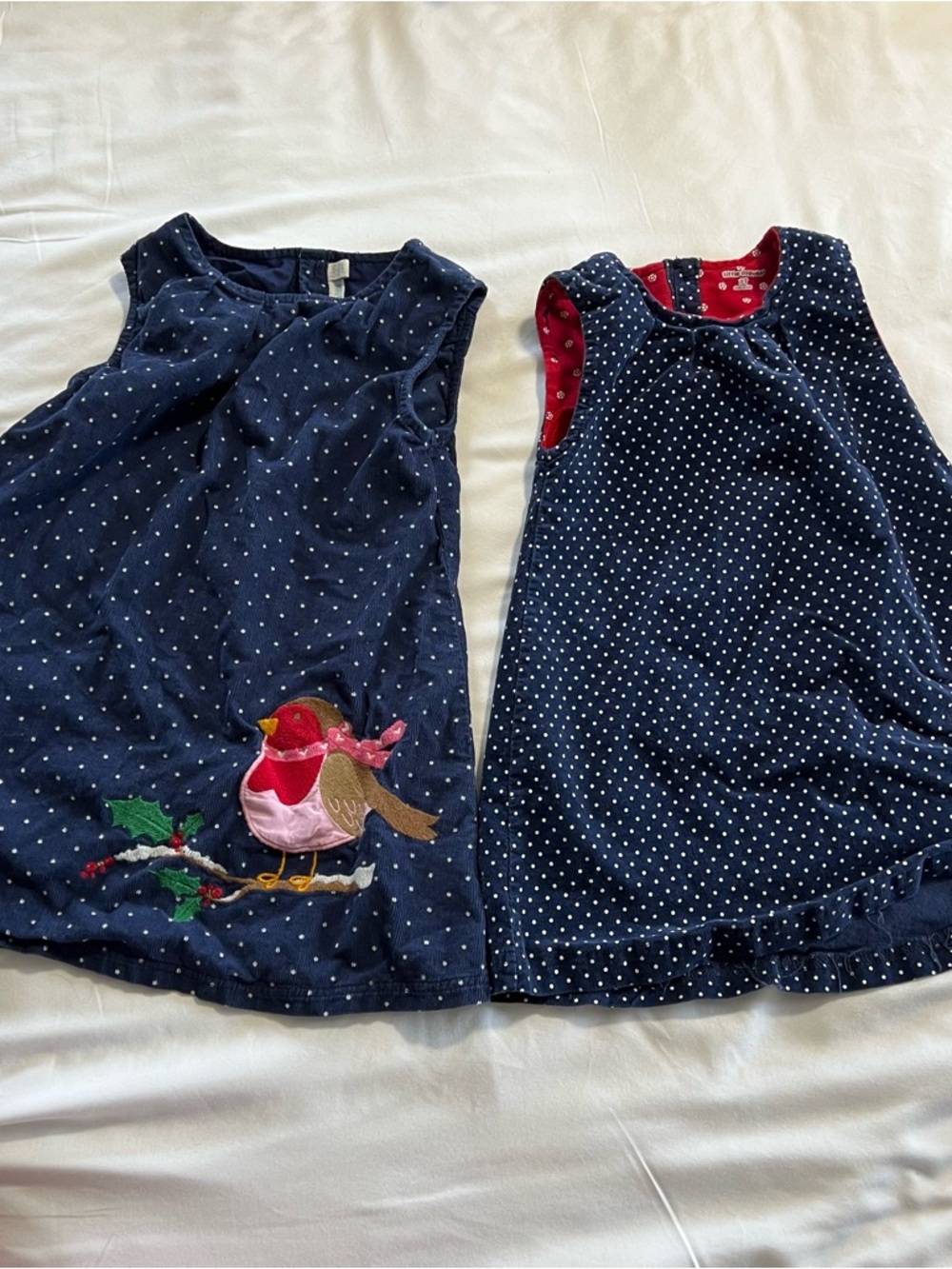 JoJo Maman Bebe Navy Polka Dot Corduroy Dresses little maven embroidered bird